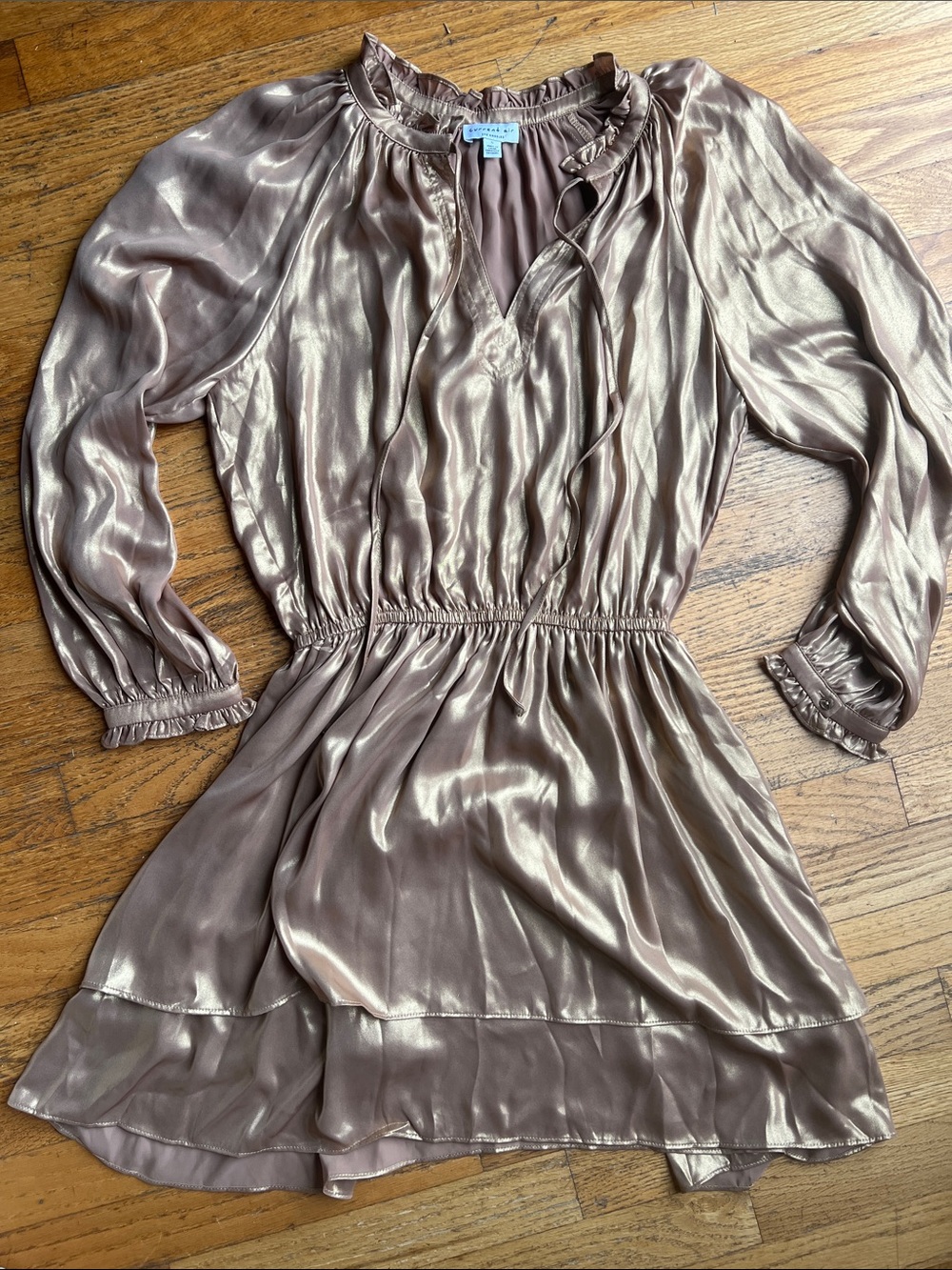 Current Air Metallic Taupe Long-Sleeve Smocked-Waist Dress / Small